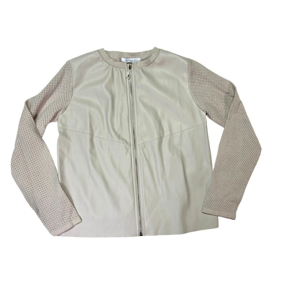 Sioni | Beige Knit Mesh Sleeve Sweater, Cardigan, Gold Zipper, Leather Jacket